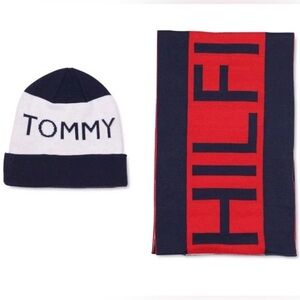 Tommy Hilfiger Men's Blue Vertical Flag Scarf & Beanie Hat Set One Size